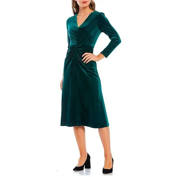 Maggy London Sz 12 Green Metallic Striped 3/4 Sleeve Velvet Midi Cocktail/Formal - Picture 1 of 15